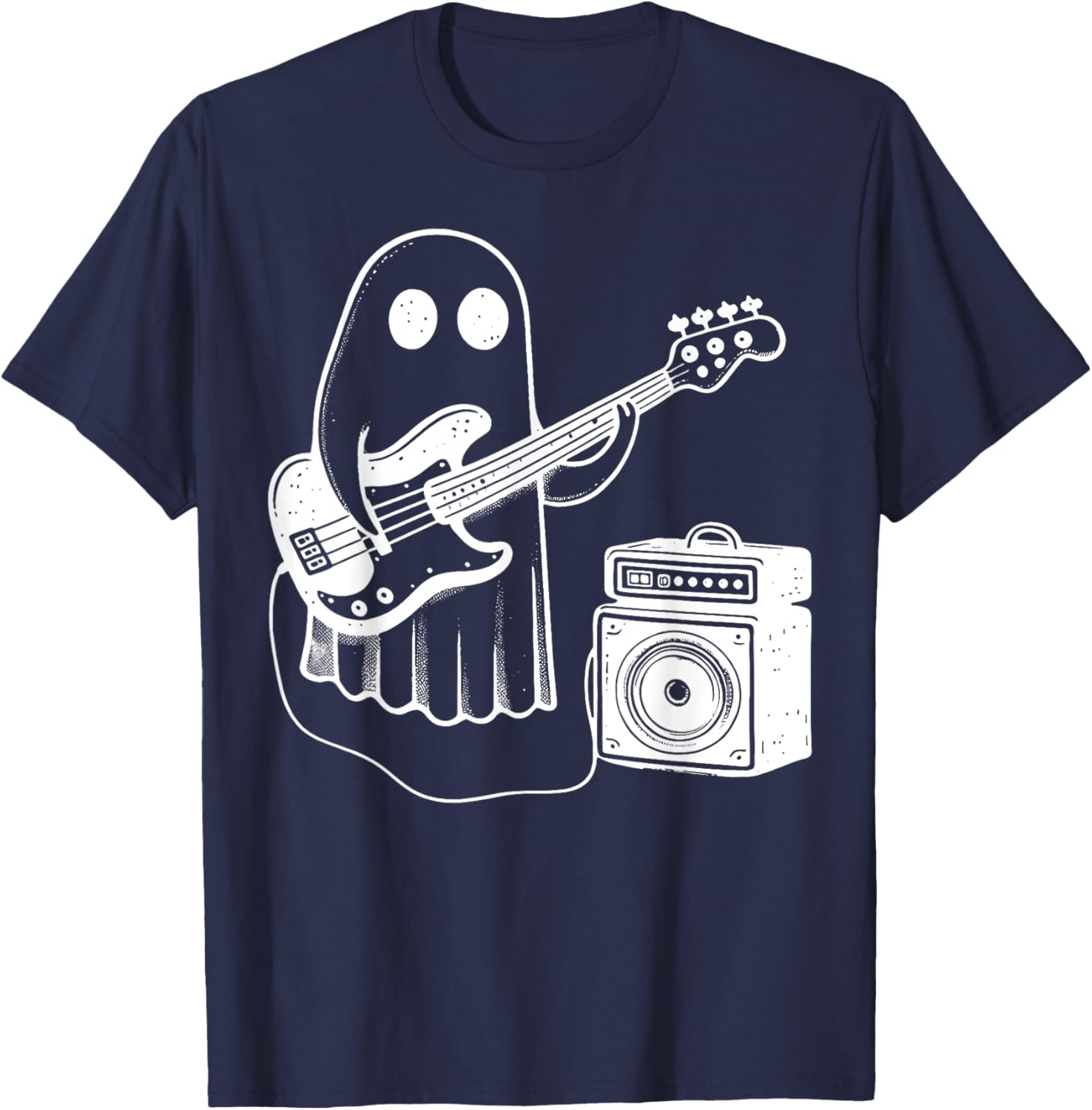 Ghost Playing Electric Bass Guitar Funny Halloween Musician T-Shirt - T-Shirt | Navy