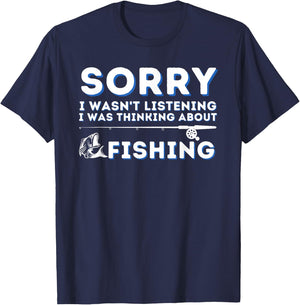 Funny Fishing & Fisherman Shirts - I Was Thinking About Fishing - Adult , Black, Small, Short Sleeve, Classic Fit, Cotton 60% Polyester 40% T-Shirt - T-Shirt | Navy