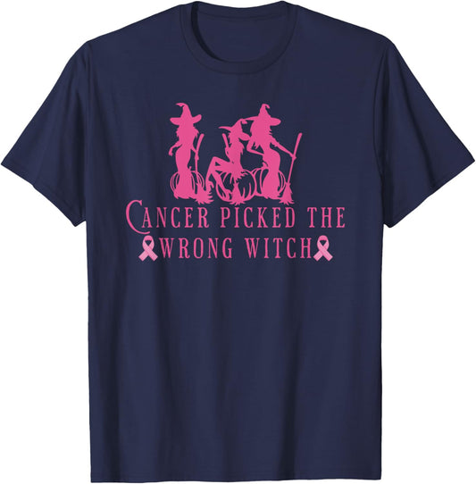 Breast Cancer Halloween Cancer Picked the Wrong Witch Pink T-Shirt - T-Shirt | Navy