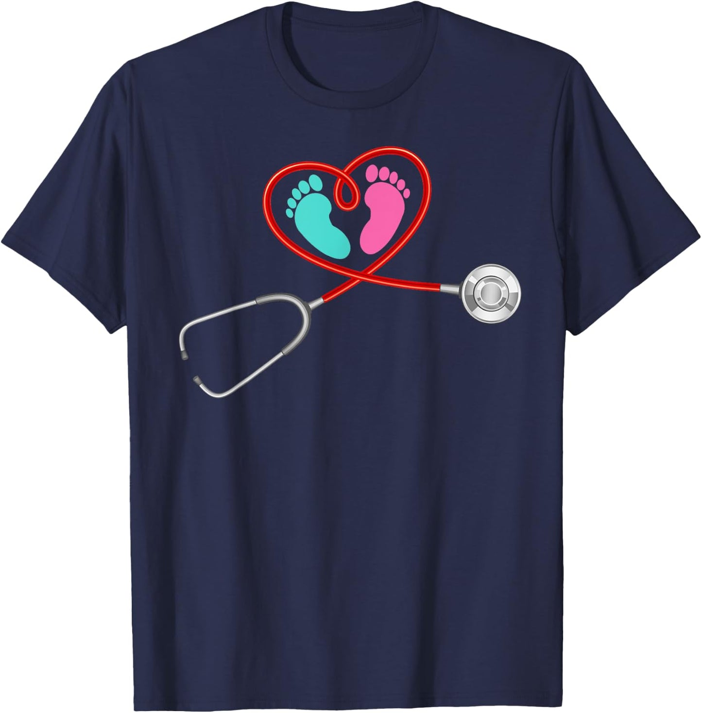 Pediatric OB NICU Nurse Stethoscope Baby Feet Funny Nursing T-Shirt - T-Shirt | Navy