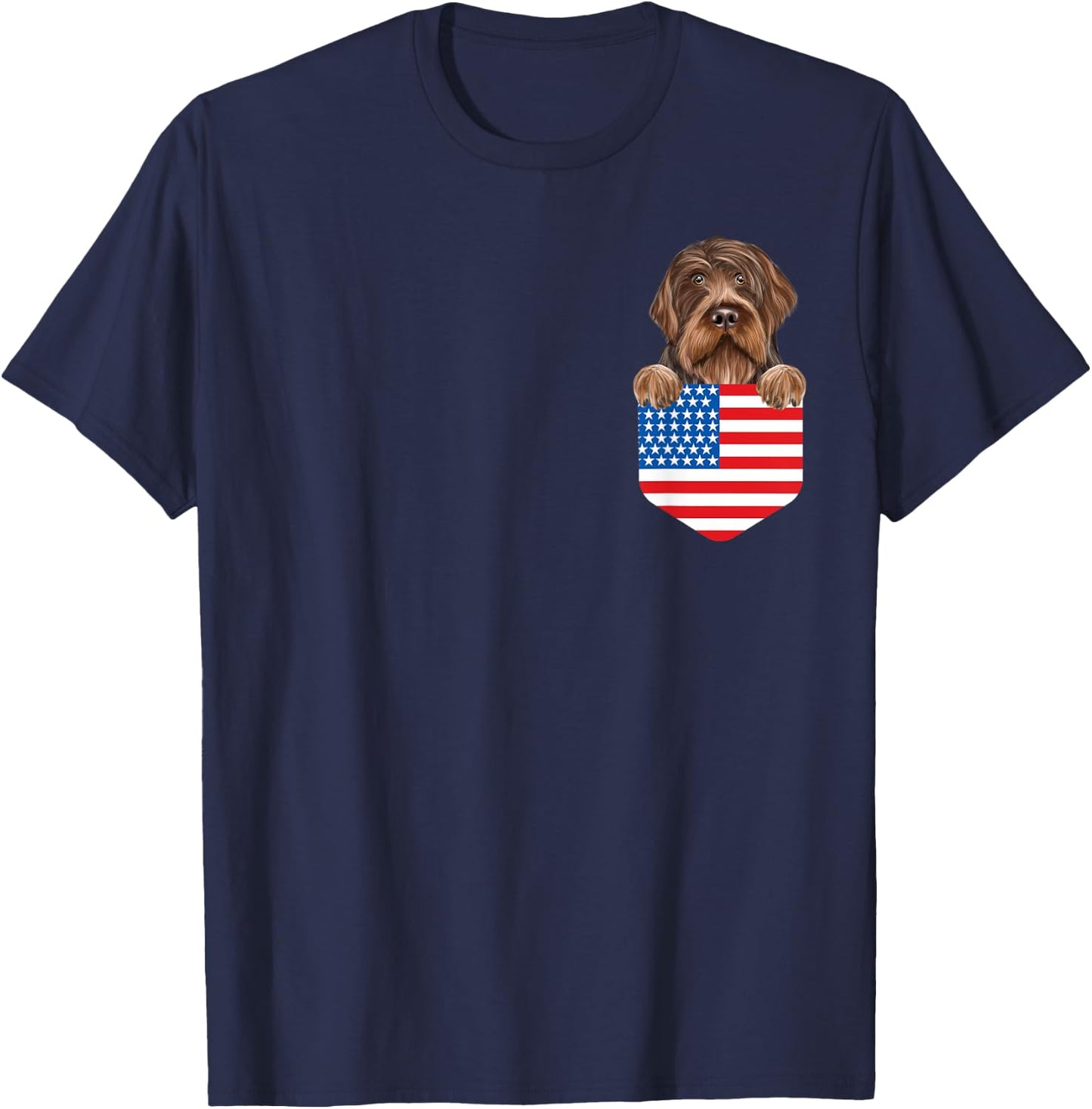 America Flag Wirehaired Pointing Griffon Dog In Pocket T-Shirt - T-Shirt | Navy