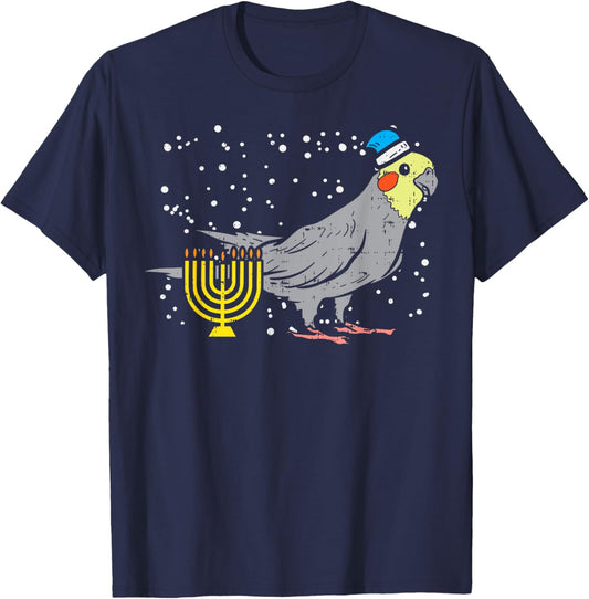 Cockatiel Menorah Jewish Cockatoo Parrot Bird Hanukkah Gift T-Shirt - T-Shirt | Navy