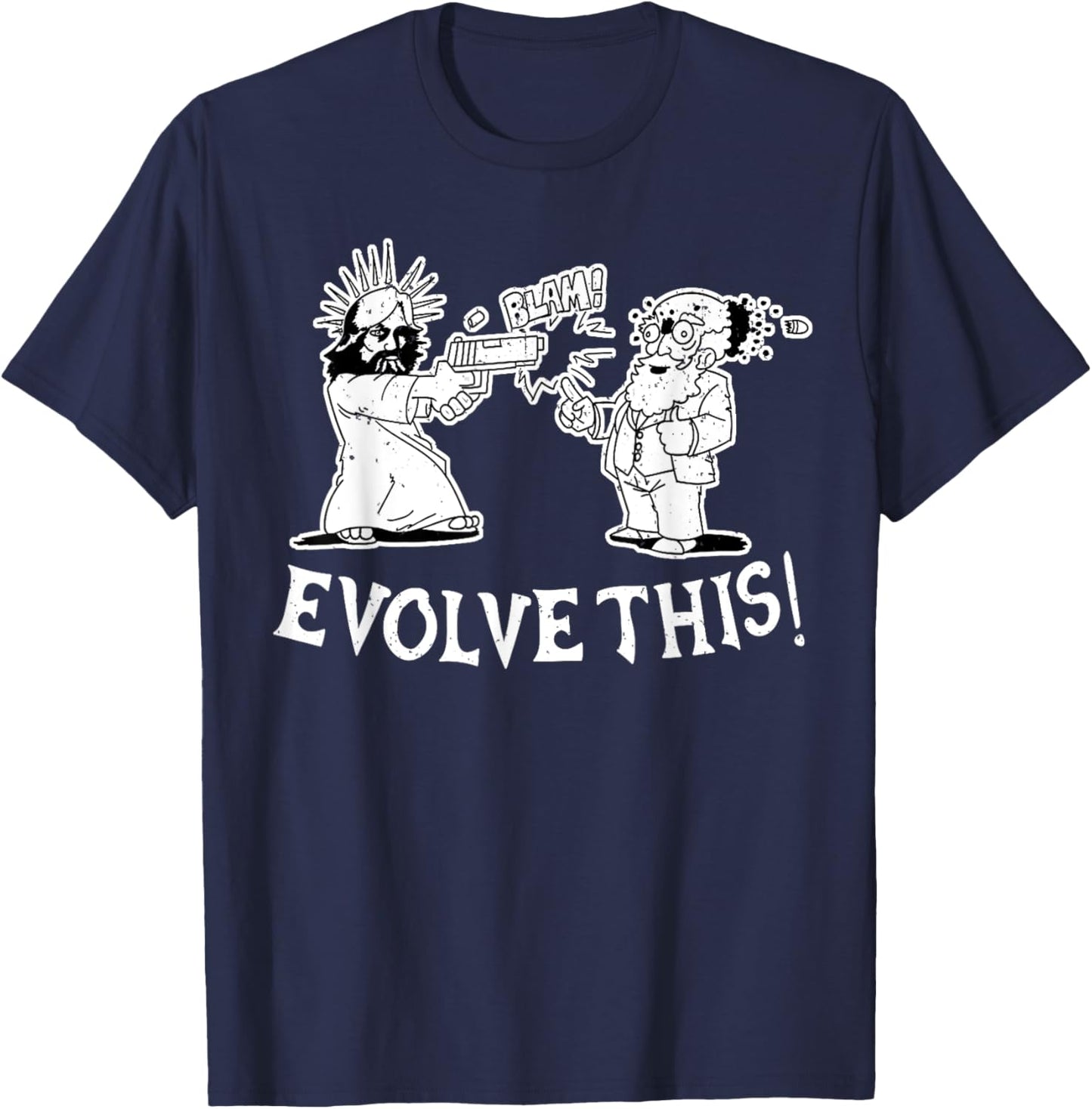 Vintage Evolve This Jesus And Darwin , Small, Black T-Shirt - T-Shirt | Navy