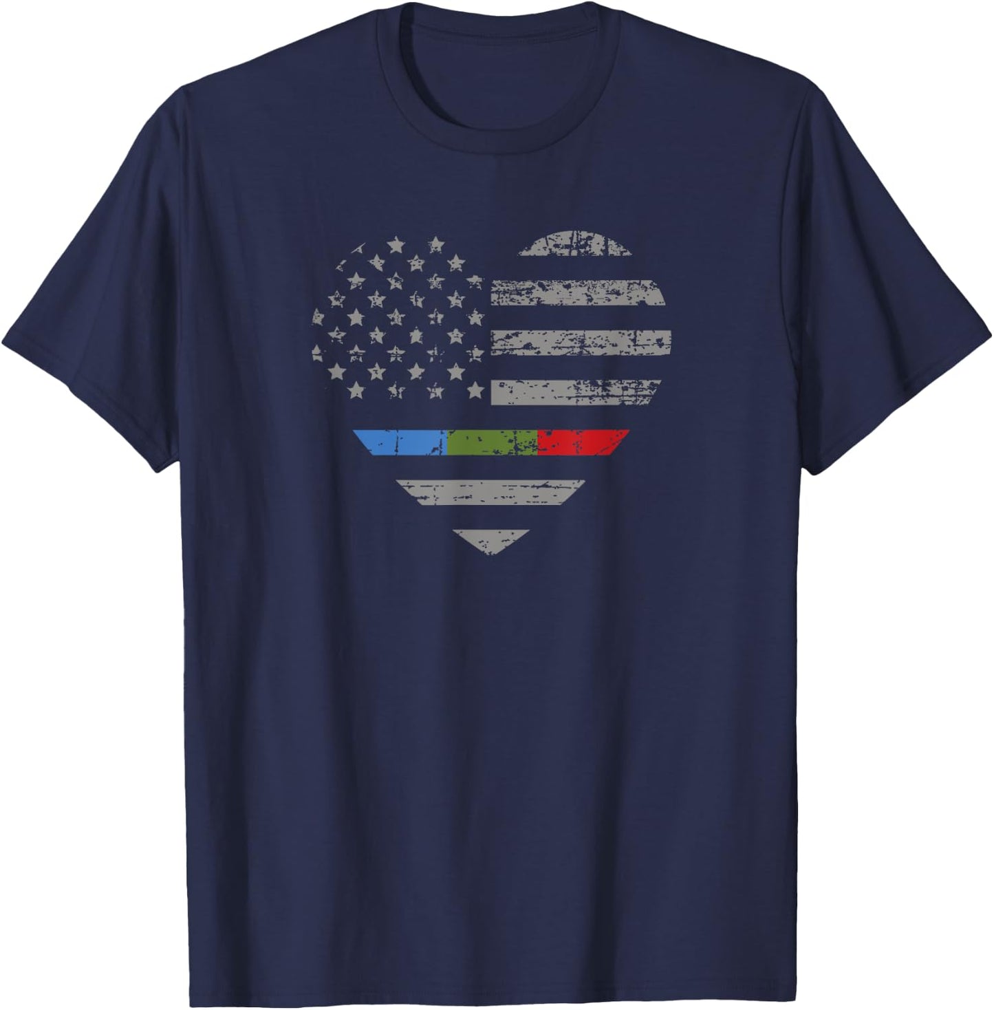 Police Military Fire Thin Blue Green Red Line Flag Heart T-Shirt - T-Shirt | Navy
