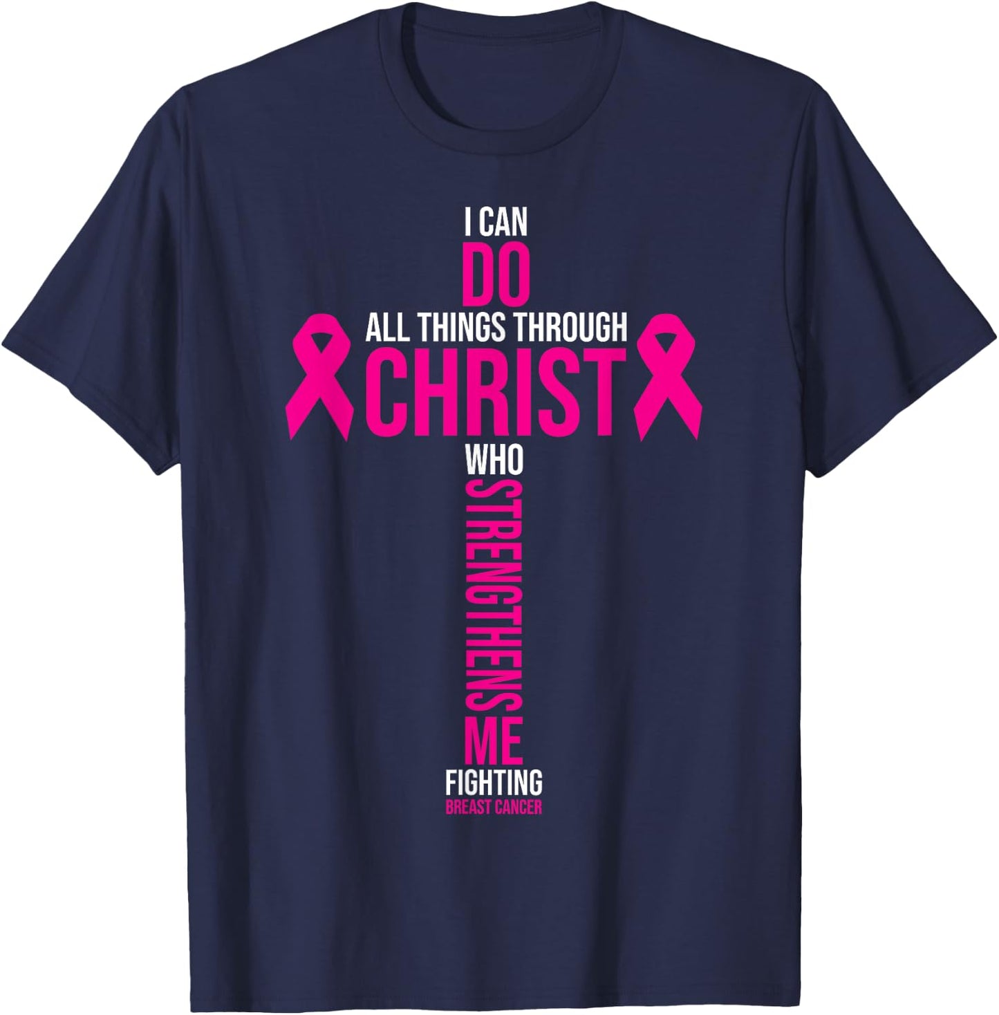 Christian Cross Pink Ribbon Inspirational Breast Cancer Gift T-Shirt - T-Shirt | Navy