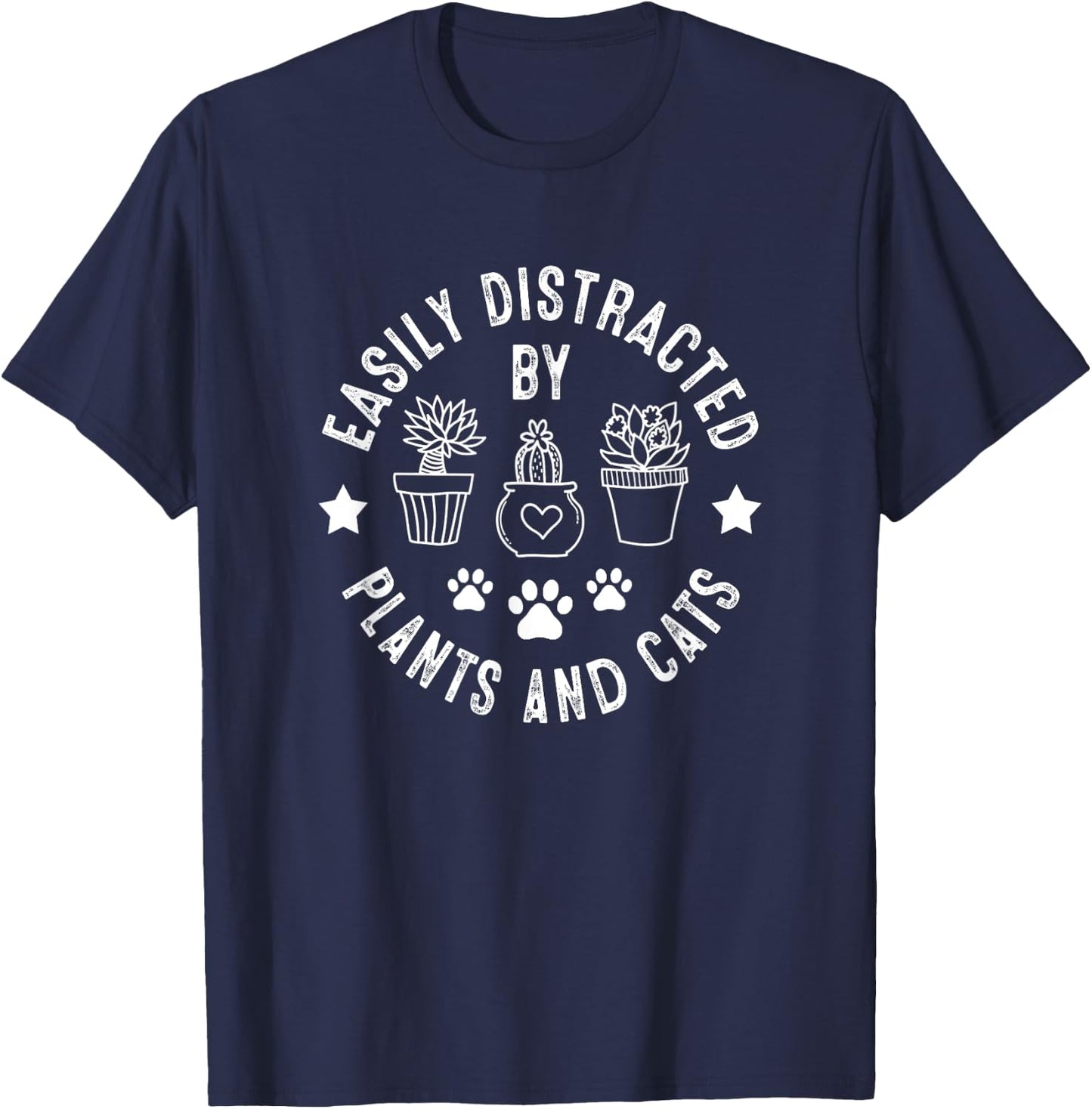 Easily Distracted By Plants and Cats, Plants and Cats T-Shirt - T-Shirt | Navy