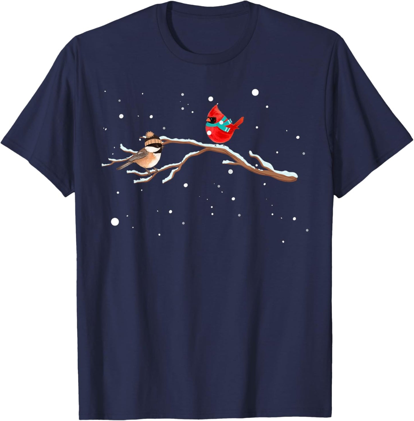 Chickadee & Cardinal Birds Winter Snow T-Shirt - T-Shirt | Navy