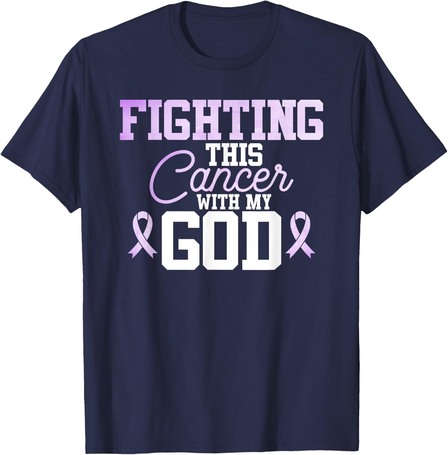 Christian Fighting Cancer Awareness Quote Purple Ribbon T-Shirt - T-Shirt | Navy