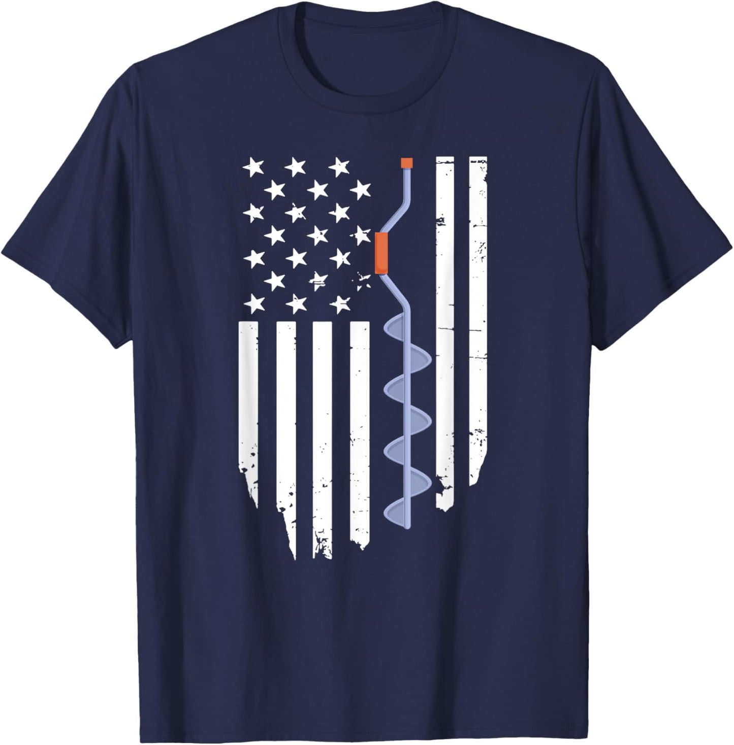 Ice Fishing Retro American Flag USA Fishermen Eskimo Winter T-Shirt - T-Shirt | Navy