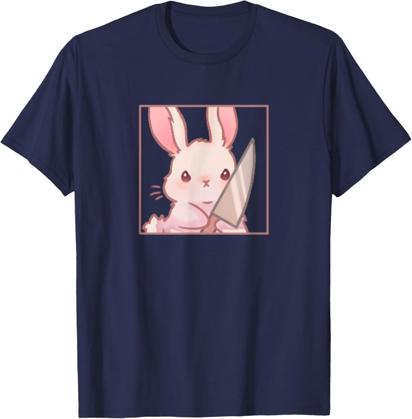 Cute Kawaii Cartoon Coquette Emote Angry Rabbit Bunny Knife T-Shirt - T-Shirt | Navy