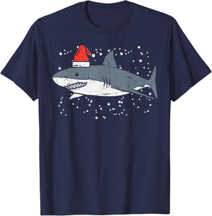 Shark Santa Hat Christmas Xmas Pajama Men Women Kids PJ T-Shirt - T-Shirt | Navy