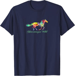 Sunshine Boy Graphic Arts Chincoteague Wild Pony - Women's X-Small Black Modern Letter Print T Back T-Shirt - T-Shirt | Navy