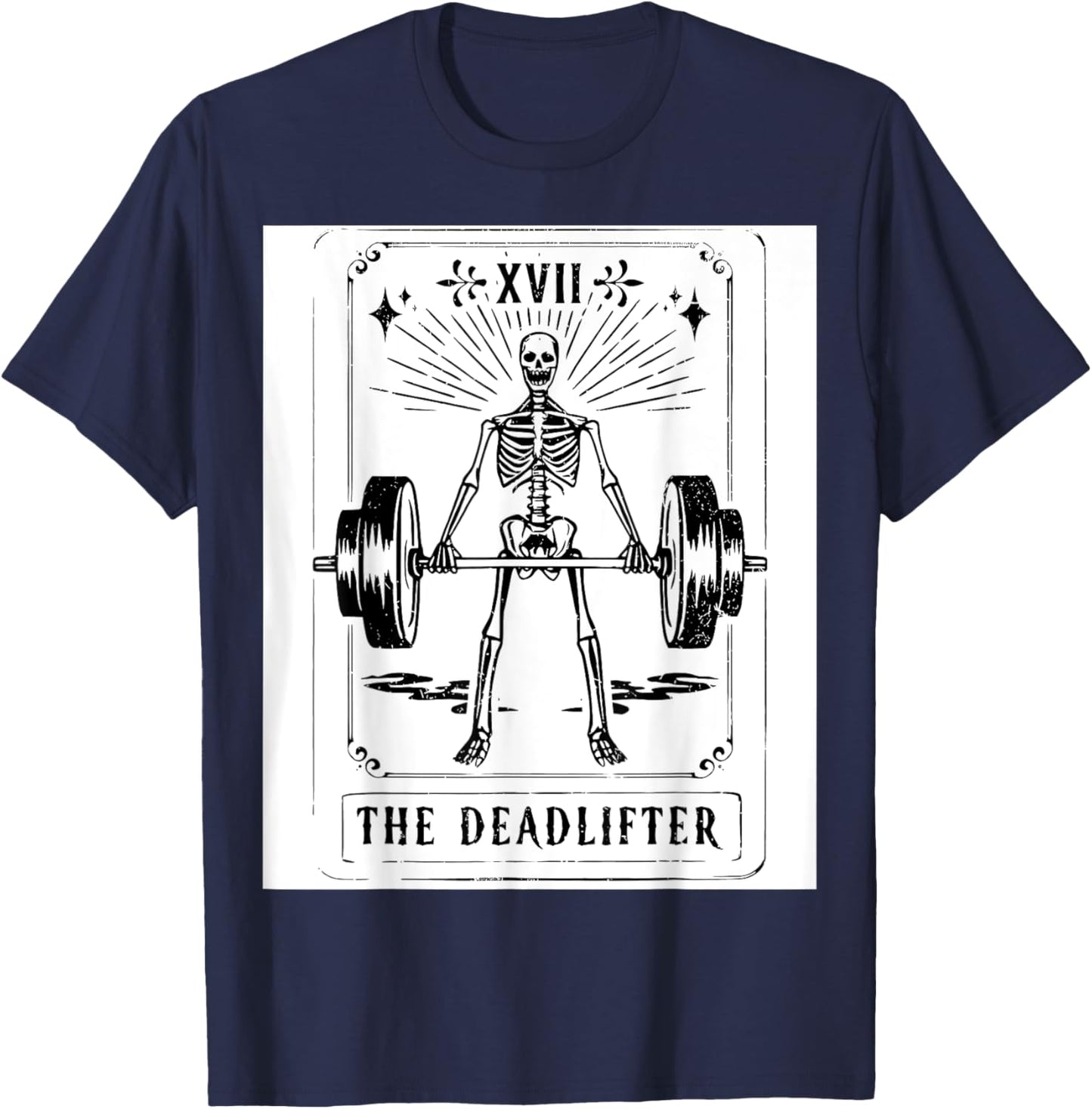 Deadlift Skeleton Tarot Card Fitness Workout Gym Weights T-Shirt - T-Shirt | Navy