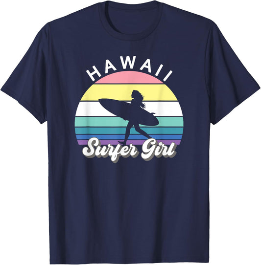 Surfer Girl Hawaii Vintage Hawaiian Surfing Surf Beach Cute T-Shirt - T-Shirt | Navy