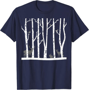 Snowy forest Paining Winter Trees Deer Nice Art Drawing T-Shirt - T-Shirt | Navy