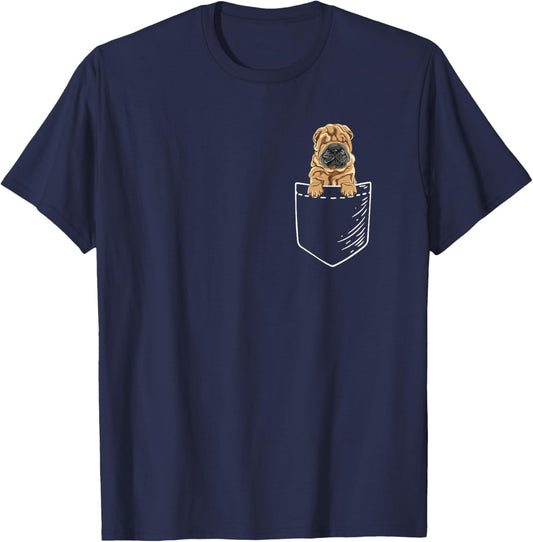 Funny Kids Cartoon Pocket Shar Pei Dog Lover T-Shirt - T-Shirt | Navy