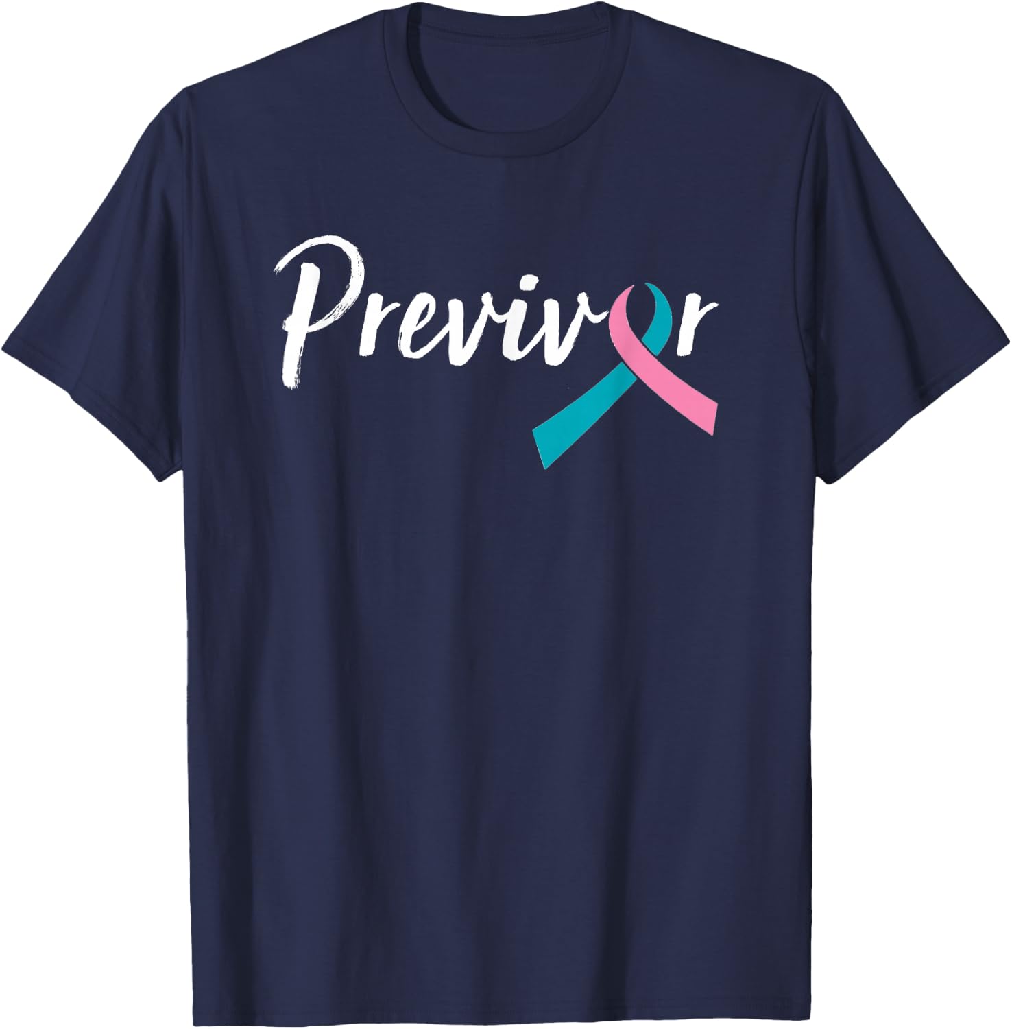 Script Previvor With Pink & Teal Ribbon T-Shirt - T-Shirt | Navy