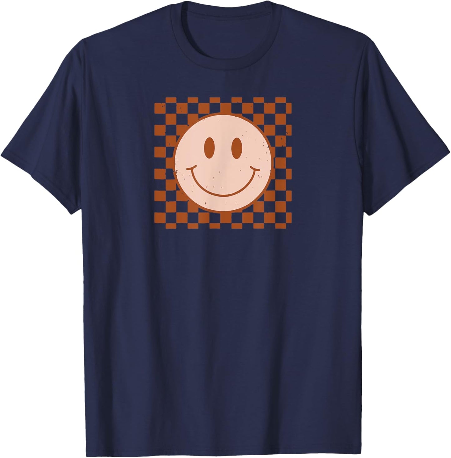 Retro Happy Face Smile Face Checkered Pattern T-Shirt - T-Shirt | Navy