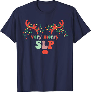 Very Merry SLP Reindeer Christmas Speech Therapist Xmas T-Shirt - T-Shirt | Navy