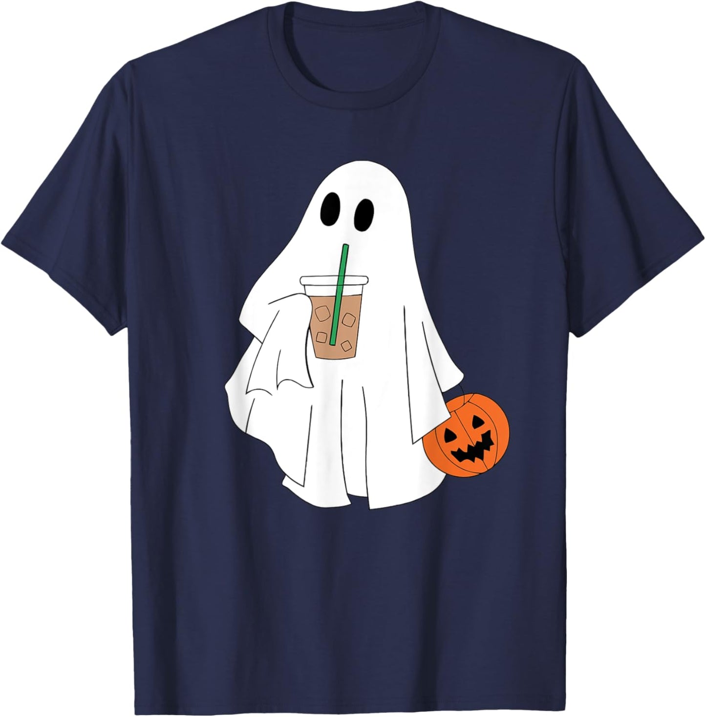 Cute Ghost Drinking Coffee Halloween Ghost Ice Coffee T-Shirt - T-Shirt | Navy