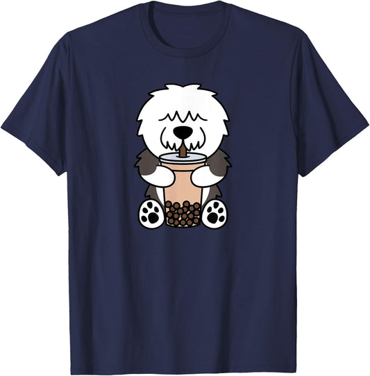 Boba Bubble Milk Tea Old English Sheepdog Dog T-Shirt - T-Shirt | Navy