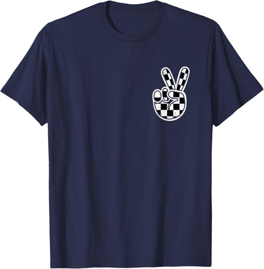 Checkered Peace Sign Hand Racing Flag Race Car Boys Pocket T-Shirt - T-Shirt | Navy