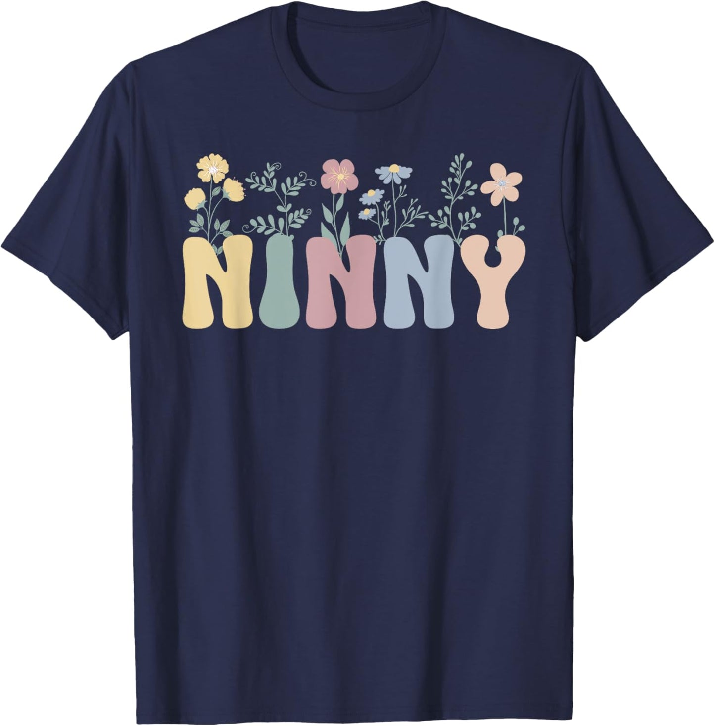 Groovy Ninny Grandma On Mother's Day Black Floral Pattern Casual T-Shirt - T-Shirt | Navy
