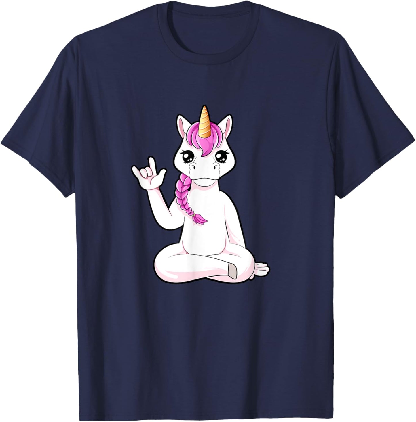 Cartoon unicorn shows I love you - ASL hand gesture T-Shirt - T-Shirt | Navy