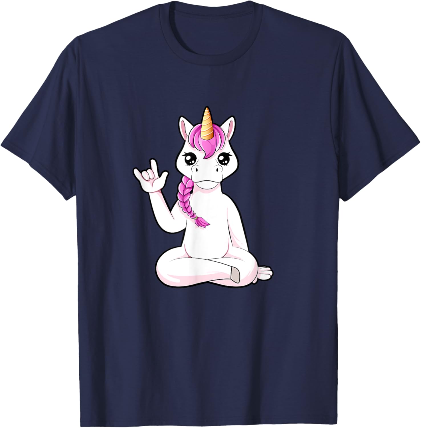 Cartoon unicorn shows I love you - ASL hand gesture T-Shirt - T-Shirt | Navy