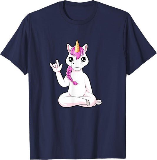Cartoon unicorn shows I love you - ASL hand gesture T-Shirt - T-Shirt | Navy