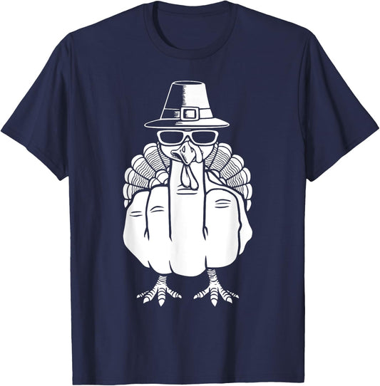 Turkey Middle Finger Adult Anti Social Thanksgiving Hand T-Shirt - T-Shirt | Navy