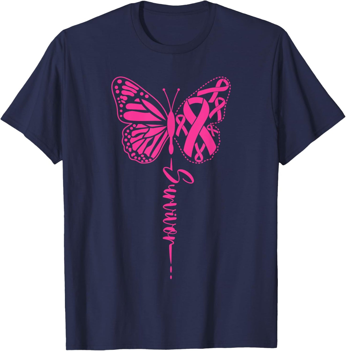 I am a Survivor Ribbon Butterfly Breast Cancer Awareness T-Shirt - T-Shirt | Navy