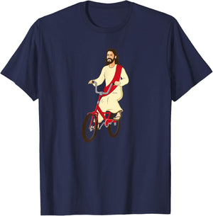 Fun Christ on a Bike Funny Lord God Jesus Church Cycle Gift T-Shirt - T-Shirt | Navy
