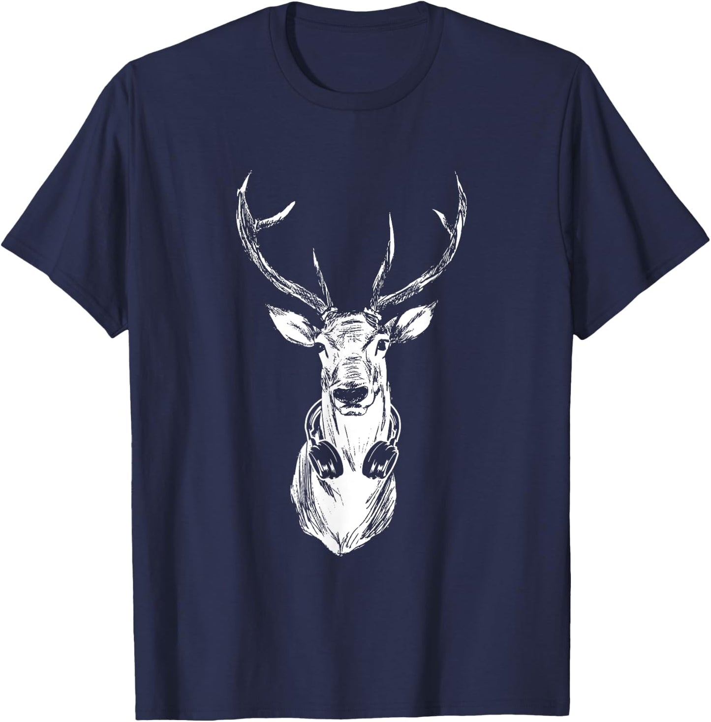 Vintage Deer Musician DJ Moose with Headphones Music Lovers T-Shirt - T-Shirt | Navy