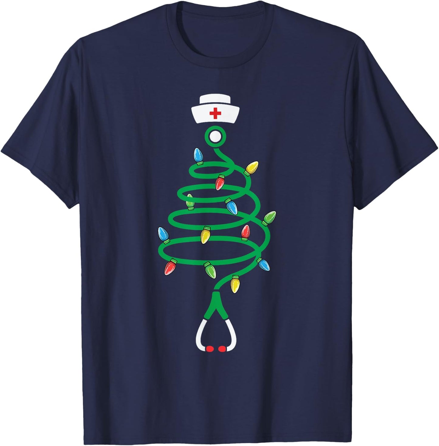Nurse Christmas Medical Worker Designs Stethoscope Christmas Tree Lights , Adult, Black, Short Sleeve, Small T-Shirt - T-Shirt | Navy