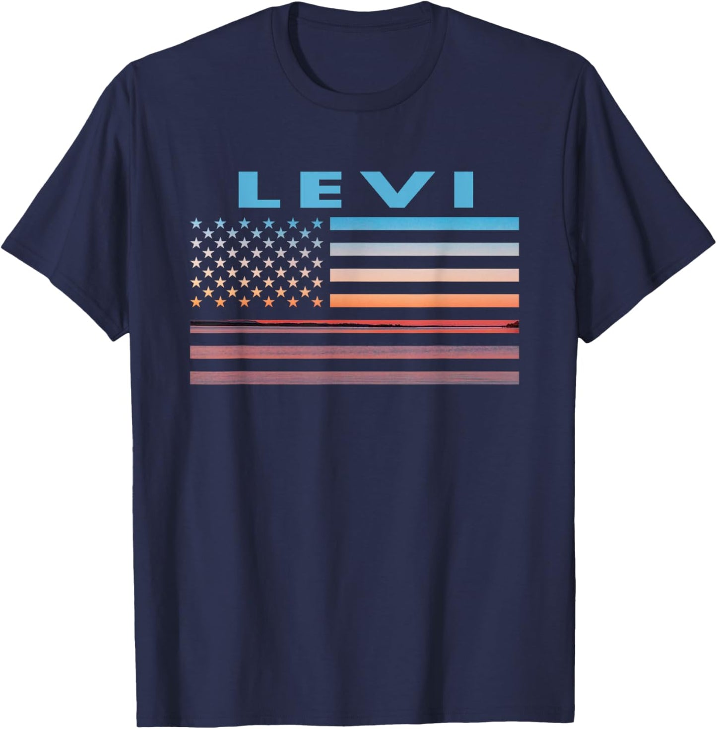 Vintage Sunset American Flag Levi, Texas Women Men T-Shirt - T-Shirt | Navy