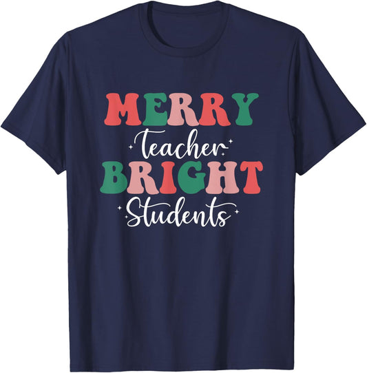 Retro Merry Teacher Bright Students Funny Christmas Teacher T-Shirt - T-Shirt | Navy