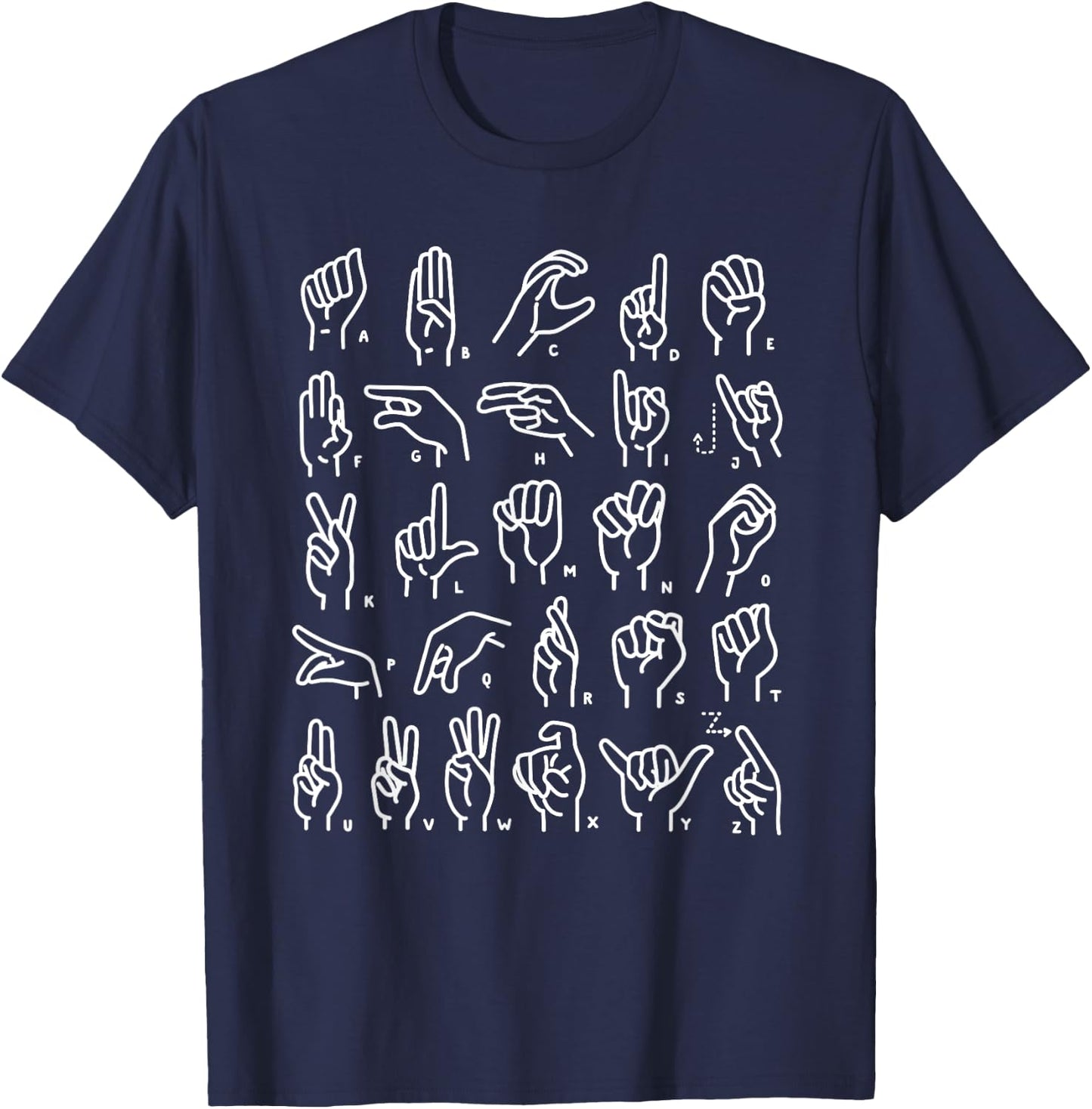 ASL Sign Language Apparel & ABC Sign Language Chart Teacher Hand Letter Alphabet ASL for Kids & Students, , Black, Small, Short Sleeve, Retro Style, Letter Print T-Shirt - T-Shirt | Navy