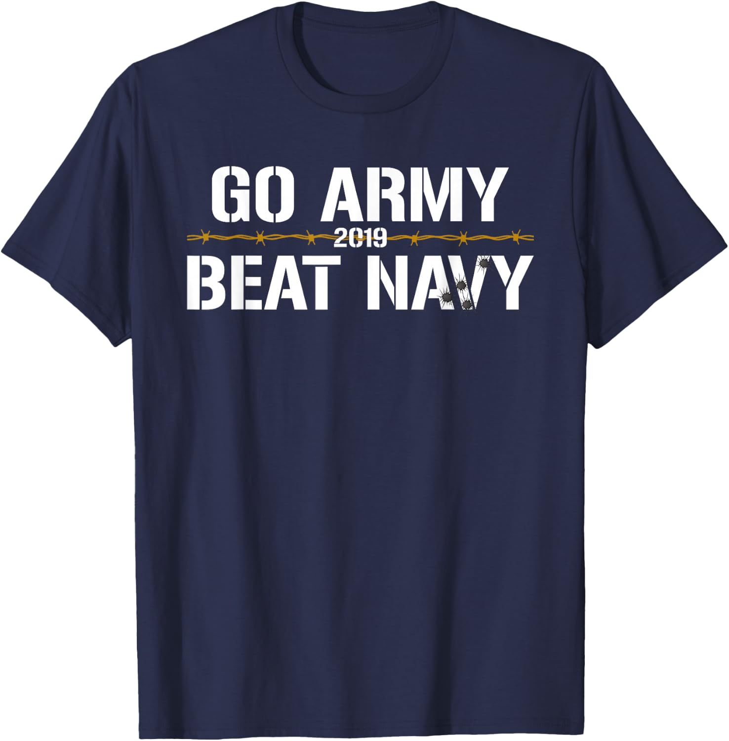 Veterans & Armed Forces Design (VAFD) Go Army, Beat Navy! 2019 Barbed Wire & Bullet Holes Black Cotton T-Shirt - T-Shirt | Navy
