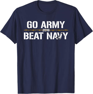 Veterans & Armed Forces Design (VAFD) Go Army, Beat Navy! 2019 Barbed Wire & Bullet Holes Black Cotton T-Shirt - T-Shirt | Navy