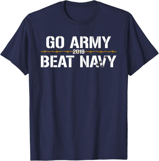 Veterans & Armed Forces Design (VAFD) Go Army, Beat Navy! 2019 Barbed Wire & Bullet Holes Black Cotton T-Shirt - T-Shirt | Navy