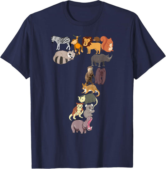 Fun 7th Birthday Safari Zoo Animals Figures Kids 7 Years Old T-Shirt - T-Shirt | Navy