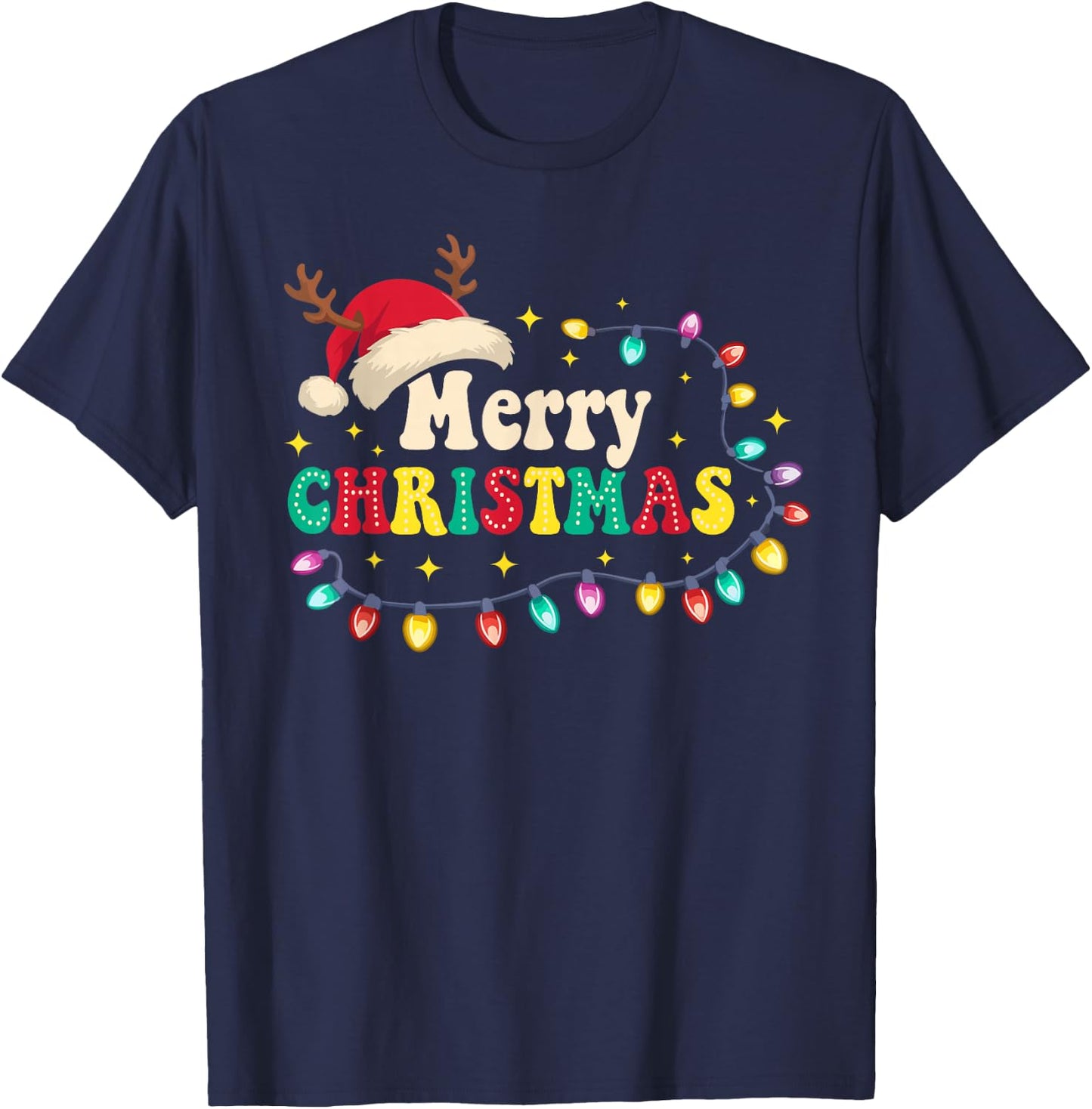 Groovy Merry Christmas Santa Hat Reindeer Xmas Family Santa T-Shirt - T-Shirt | Navy