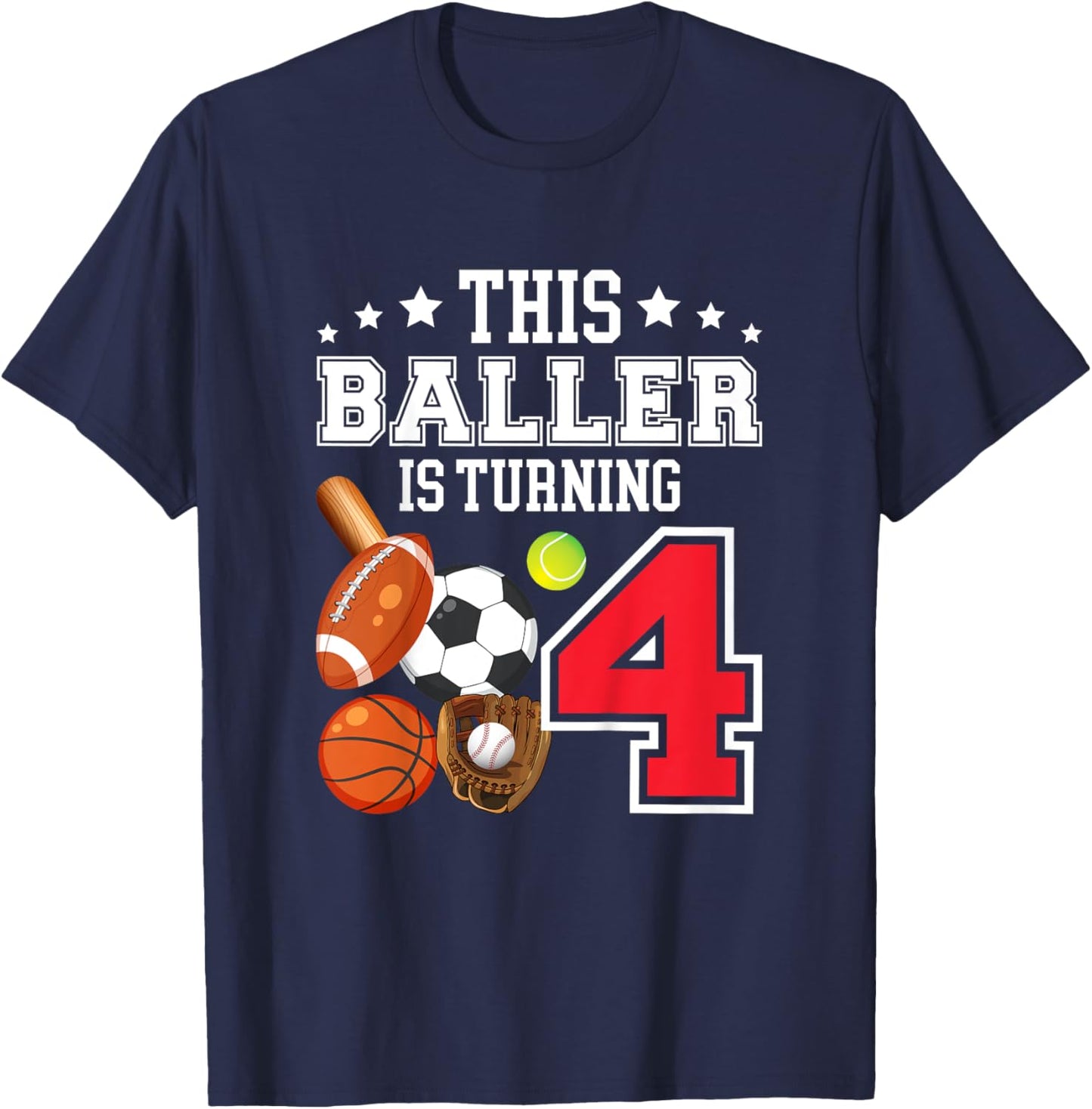 Kids 4th Birthday Sports Birthday Theme 4 Year Old Boy T-Shirt - T-Shirt | Navy
