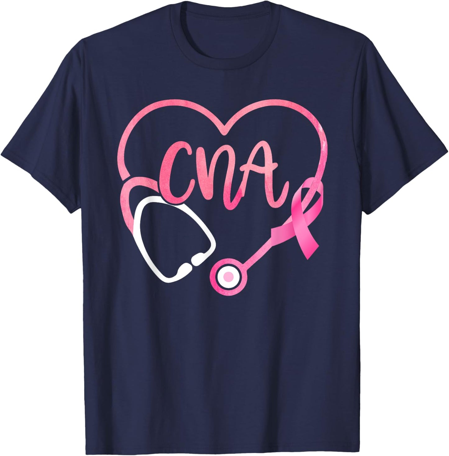 CNA Heart Stethoscope Pink Ribbon Breast Cancer Awareness T-Shirt - T-Shirt | Navy