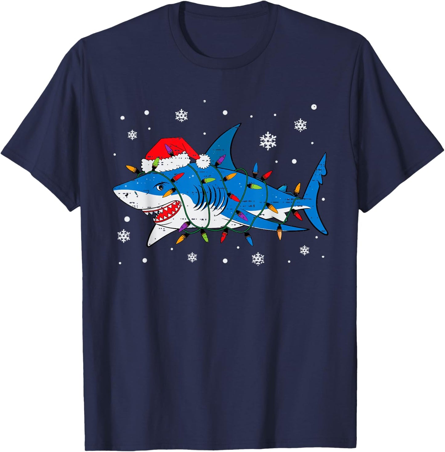 Shark Santa Hat Christmas Lights Xmas Pajama Men Women Kids T-Shirt - T-Shirt | Navy