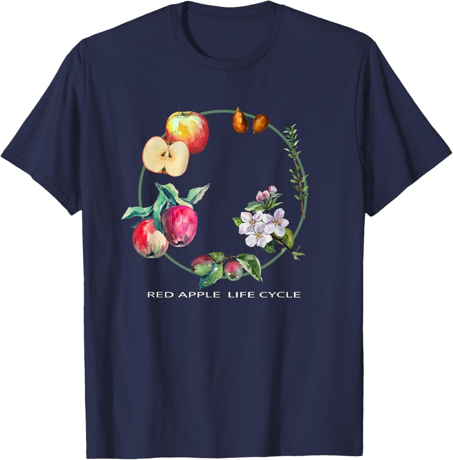 Red Apple Tree Life Cycle Process From Seeds to Fruits Art T-Shirt - T-Shirt | Navy