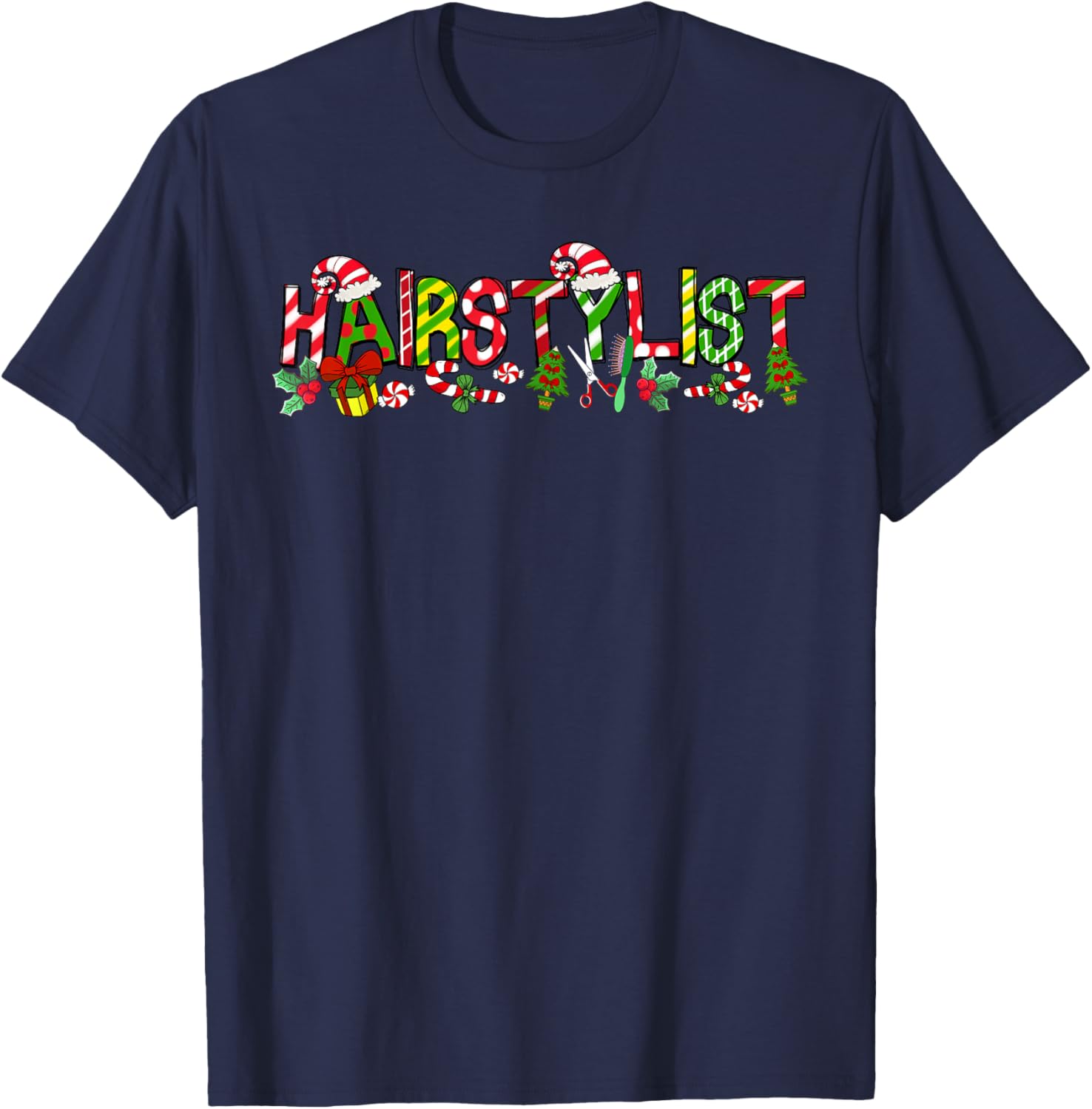 Hairstylist Santa Hat Candy Cane Christmas Funny Xmas T-Shirt - T-Shirt | Navy