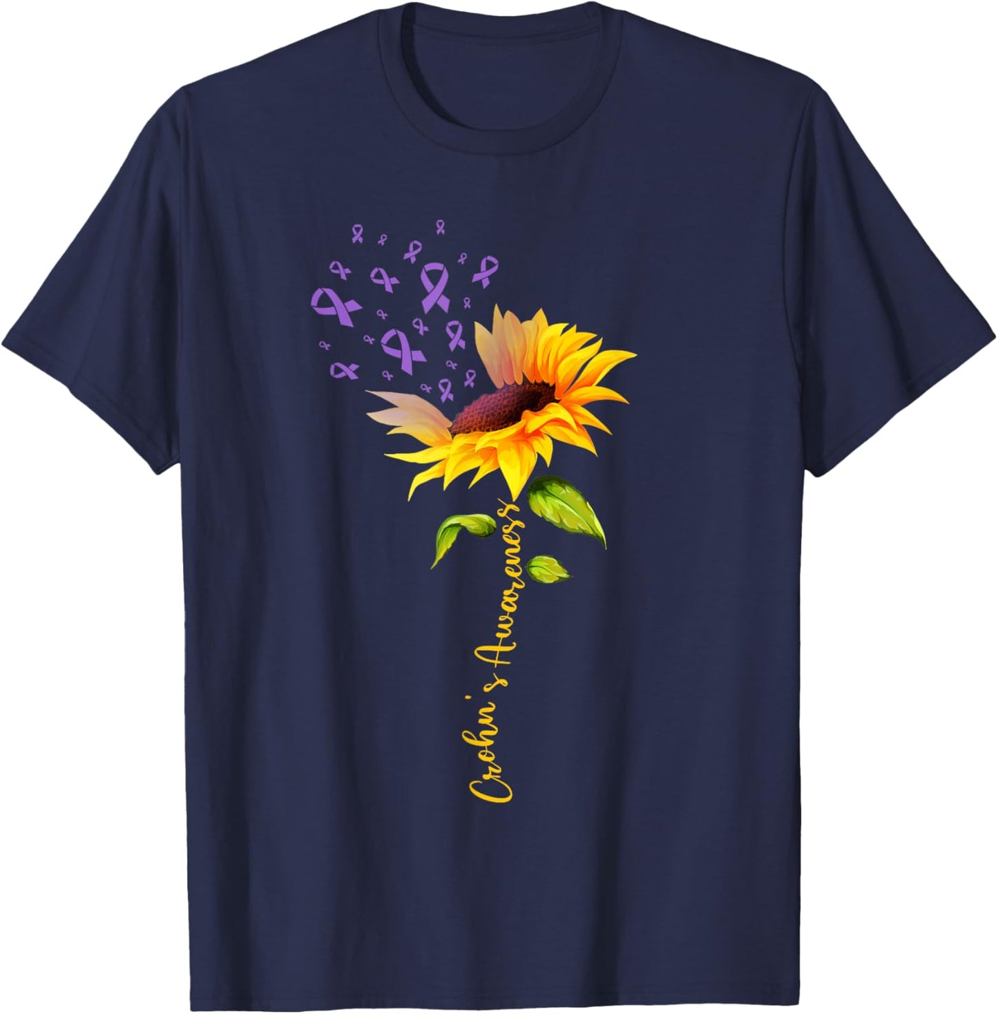 Sunflower Crohns Disease Purple Ribbon Crohn's Awareness T-Shirt - T-Shirt | Navy