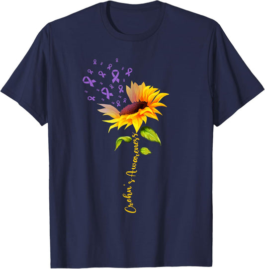 Sunflower Crohns Disease Purple Ribbon Crohn's Awareness T-Shirt - T-Shirt | Navy